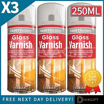 3 X 250ml Clear Gloss Varnish Spray All Purpose Exterior Interior Aerosol Can • £9.99