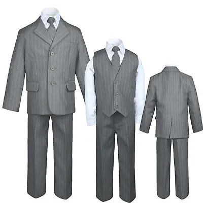 $48.99 • Buy 5pc Boy Toddler Kid Teen Wedding Stripe Gray Blazer Formal Tuxedo Suit Set S-20