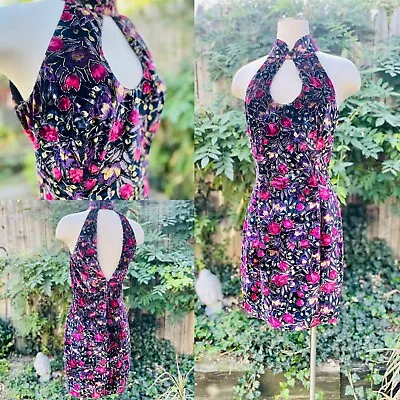 Vtg 80s 90s Burnt Velvet Floral Key Hole Cut Out Party Mini Dress M 38/26 • $89.99