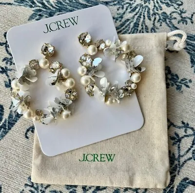 J Crew Crystal Wreath Sequin Pearl Floral Clear White Silver Hoop Earrings NWT • $40.49