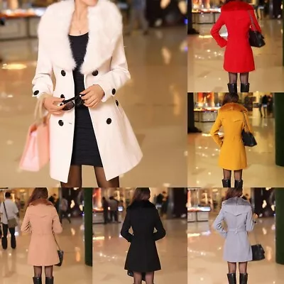 Women's Stylish Wool Coat With Fur Collar And Slim Belt Trendy Winter Outfit • £30.35