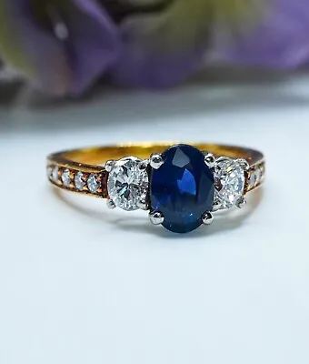 Vintage Ceylon Sapphire Oval Diamond 3 Stone Ring 18K Gold Platinum Exquisite • $2299