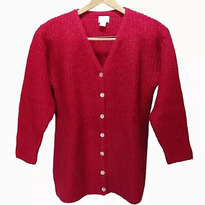 Moda Int'l Red Mohair Blend Mother Of Pearl Button Cardigan 27  Long Sweater S • $30.60