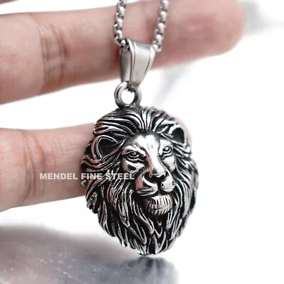 MENDEL Cool Mens Stainless Steel Lion King Head Pendant Necklace Silver For Men • $11.99