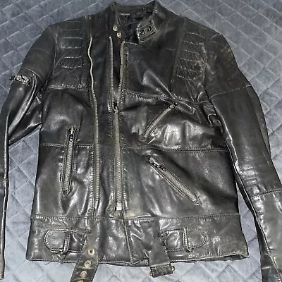 Vintage CAFE RACER BIKER BLACK LEATHER JACKET MEN'S Sm Mad Max 80’s Style • $40