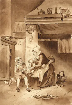 Mother & Children In 18th-century Kitchen – 19th-century Watercolour Painting • £32