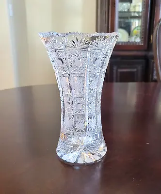 Vintage Bohemian Czech Queens Lace Deep Cut Crystal Glass 8  Tall Vase • $50