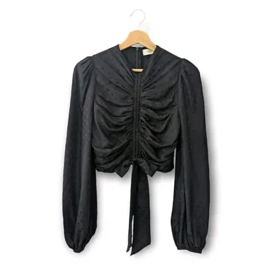 Zimmermann Womens Espionage Silk Ruched Top Size 0 Black Long Sleeve Polka Dot • $159