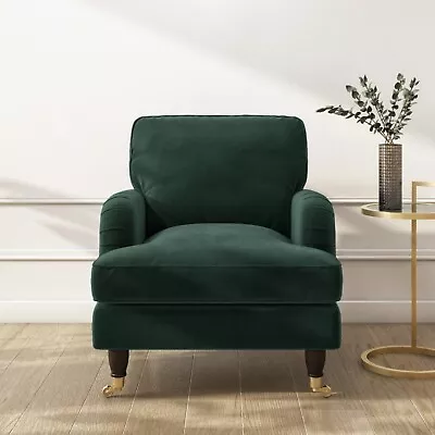 Green Velvet Armchair With Dark Wood Gold Legs Saddle Arms Traditional Style • £335.92