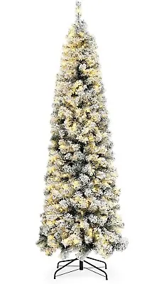 6.5ft Pre-Lit Snow Flocked Artificial Holiday Pencil Slim Christmas Tree • $59.95