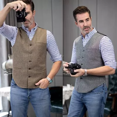 Mens Tweed Vest Houndstooth Vintage Western Formal Casual Vests Large XL XXL 3XL • $24.99