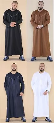 Mens Thobe Jubba Islamic Clothing Muslim Kaftan Emirati Omani Robe Casual Cotton • £34.99