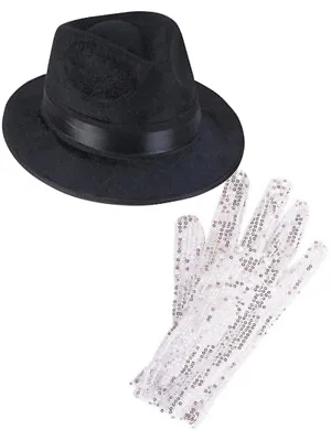 Black Costume Fedora With Michael Jackson Glitter Glove Set Costume Accessories • $13.98