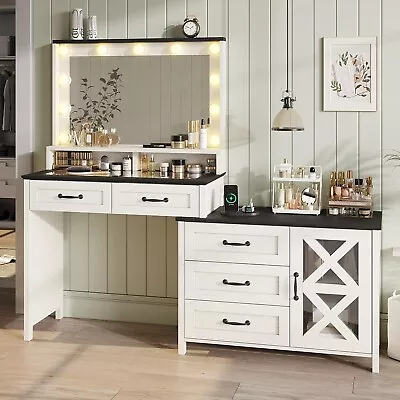 Farmhouse Makeup Vanity Desk With Mirror & Glass Desktop Makeup Table W/Dresser • $249.97