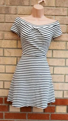 Primark White Blue Striped Bardot Short Sleeve Textured Skater Jumper Dress 12 M • £14.99