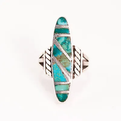 £80.52 • Buy Long Native American Sterling Silver Turquoise Inlay Ring 5.5
