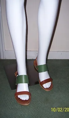 A. GIANNETTI Italy Women’s Sz 7.5 Green & Tan Leather Sandals Wedge • $10
