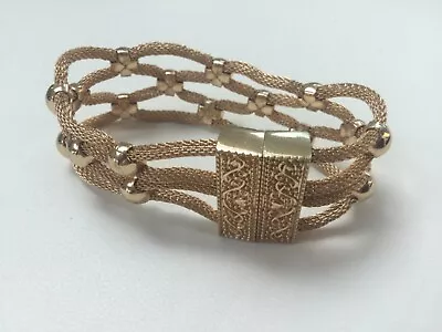 Pretty Gold  Tone Mesh Chain & Ball Bead Magnetic Clasp Bracelet So Easy To Wear • £5