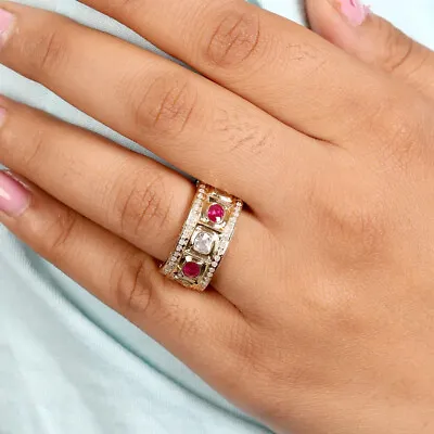 Natural Ruby Polki Dimaond & Diamond Band Ring 925 Sterling Silver Ruby Ring. • $250