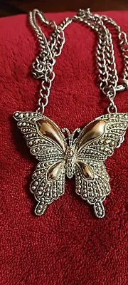 Vintage Necklace With Butterfly Pendant Gold & Silver Tone Jewelry • $6