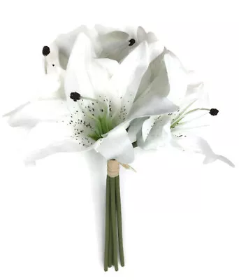 6 Head White Artificial Lily Bunch - Real Touch - Wedding Bouquet Flower • £7.55