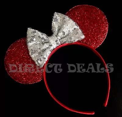 Minnie Mouse Ears Headband Sparkly Red Ears Silver Bow Christmas Fit Adult Kid • $9.95