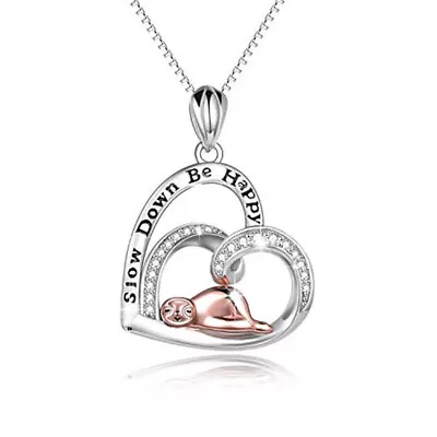 Women's Silver Lovely Sloth Monkey Heart Engraved Word Heart Pendant Necklaces • $0.01