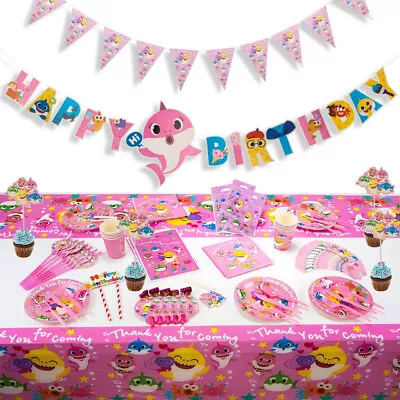 £4.29 • Buy New PINK Baby Shark Hat Plate Flag Party Tableware Birthday Decors Supply.