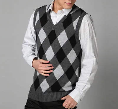 Hot Sale Men's Fashion V-neck Argyle Plaid Knit Sweater Vest Business Vest • $24.95