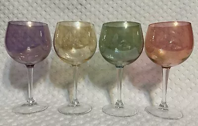 Set 4 Multi Color Wine Glasses Pink Purple Green Yellow 7.75 In. • $28