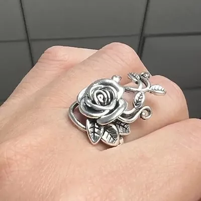 Boho 925 Sterling Silver Women Fashion Vintage Style Rose Flower Ring Size 7.5 • $15.74