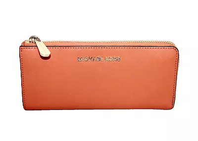 MICHAEL KORS Jet Set Travel Large Leather Quarter Zip Wallet Cider Orange • $54