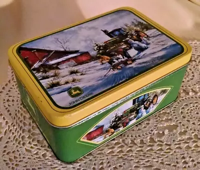 John Deere Tractor Tin R L Crouse Hinged Lid Children Building Snowman Farm. • $14.99