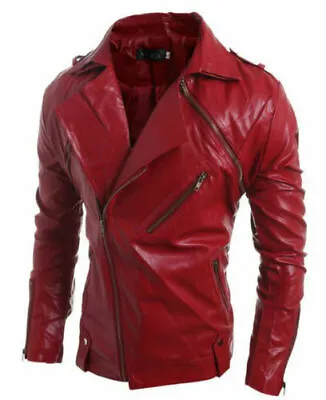 Men Genuine Lambskin Real Leather Biker Motorcycle Red Stylish Jacket Slim Fit • $119.20
