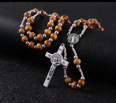 St Saint Benedict Weave Rosary Holy Land Wood Beads Mens Women Necklace Crucifix • $6.49