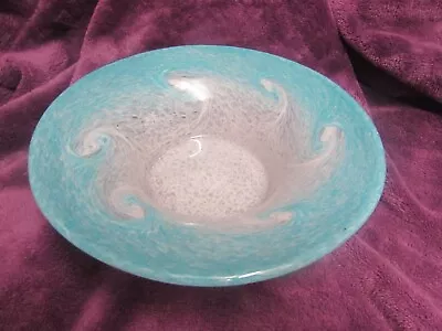 Signed Vasart Glass Bowl Vase Dish Blue Swirl Cream Pink Scotland 1950's • £35