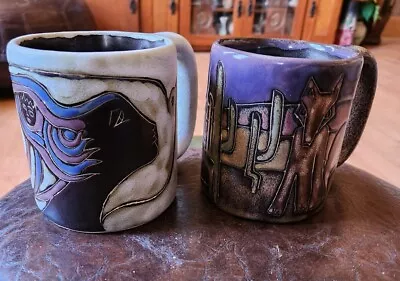 Two Design By Mara Coffee Mugs Coyote Cactus Dove Stoneware Mexico Art Pottery • $24