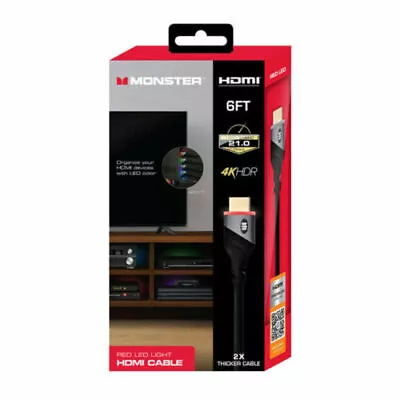 Monster MHV1-1026-RED 6 Feet 4K HDR 21 Gbps Red LED Light HDMI Cable • $4.99