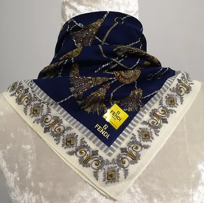 F110 FENDI Handkerchief Blue Hanging String Jacquard Vintage Cotton Square19  • $44.44