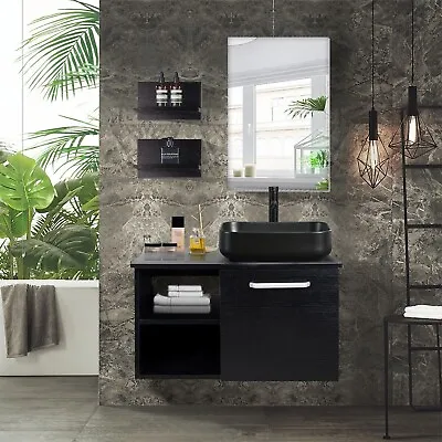 28'' Floating Bathroom Vanity Black Cabinet With Sink Vessel Side Shelves Mirror • $259.99