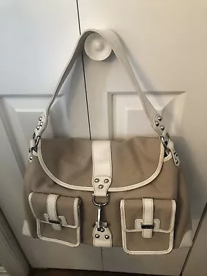 Rafe New York Beige Handbag Canvas Leather Handle Trim Silver Hardware Pockets • $25