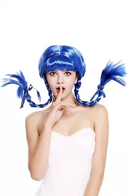 Wig Ladies Carnival Naughty Hussy Lolita Steife Braided Pigtails Fringe Blue • £6.91