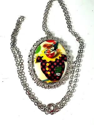 Vintage Necklace Clown Pendant Silvertone Chain Ceramic Oval Novelty Costume • $12