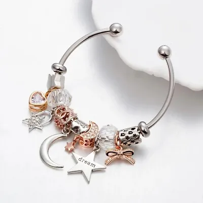 Stainless Steel Bangle Bracelet With Love Heart Star Moon Bowtie Dream Charms • $14