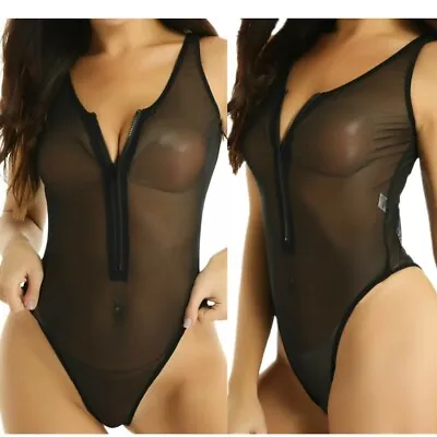 US Women's See Through Mesh Bodysuit Front Zipper Sexy High Cut Thong Jumpsuit • $7.51