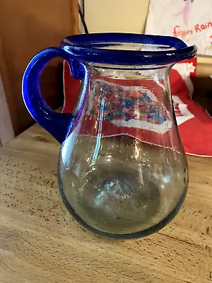 Vintage Blown Glass Water Juice Milk Pitcher Blue To Clear 7  T • $18