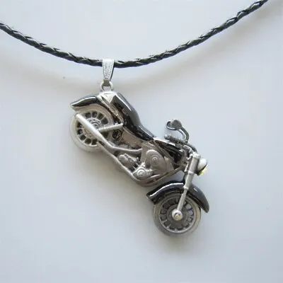 Vintage Black Enamel Motorcycle Rhinestone Spinner Pendant Leather Necklace • $12.80