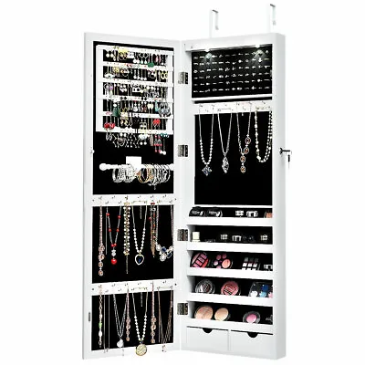 Jewellery Cabinet LED Mirror Wall Door Mounted Makeup Storage Organiser White • $150.95