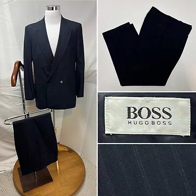 Vintage Hugo Boss Navy Blue Pinstripe Double Breasted 42L Blazer 34x32 Pant Suit • $125