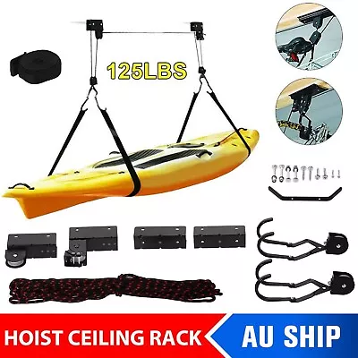 Kayak Hoist Bike Lift Pulley System Garage Ceiling Storage Canoe Rack Rope125LBS • $56.99